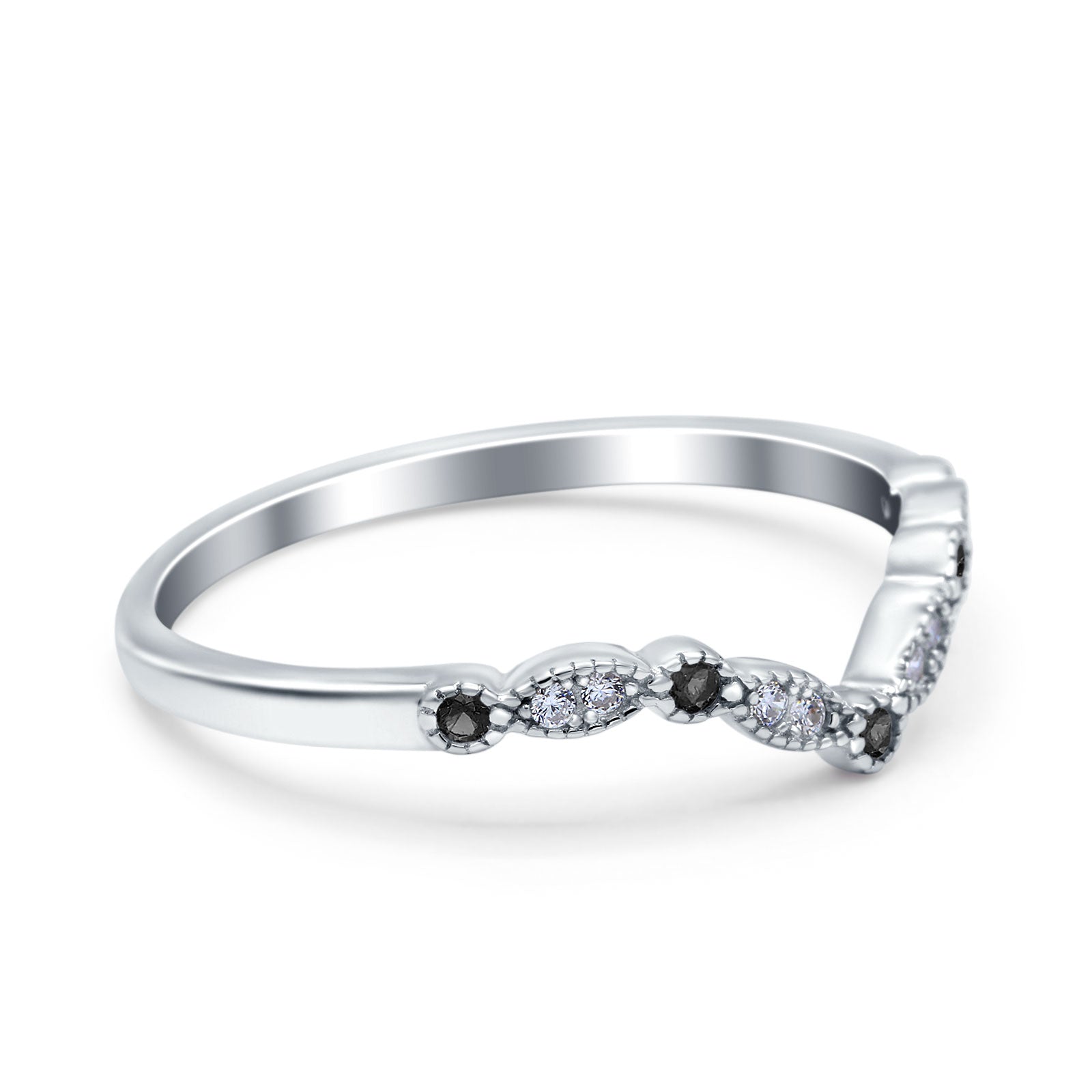 Curved Marquise Half Eternity Stackable Band Ring Simulated Black CZ 925 Sterling Silver