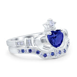 Claddagh Accent Heart Wedding Bridal Set Piece Ring Band Simulated Blue Sapphire CZ 925 Sterling Silver
