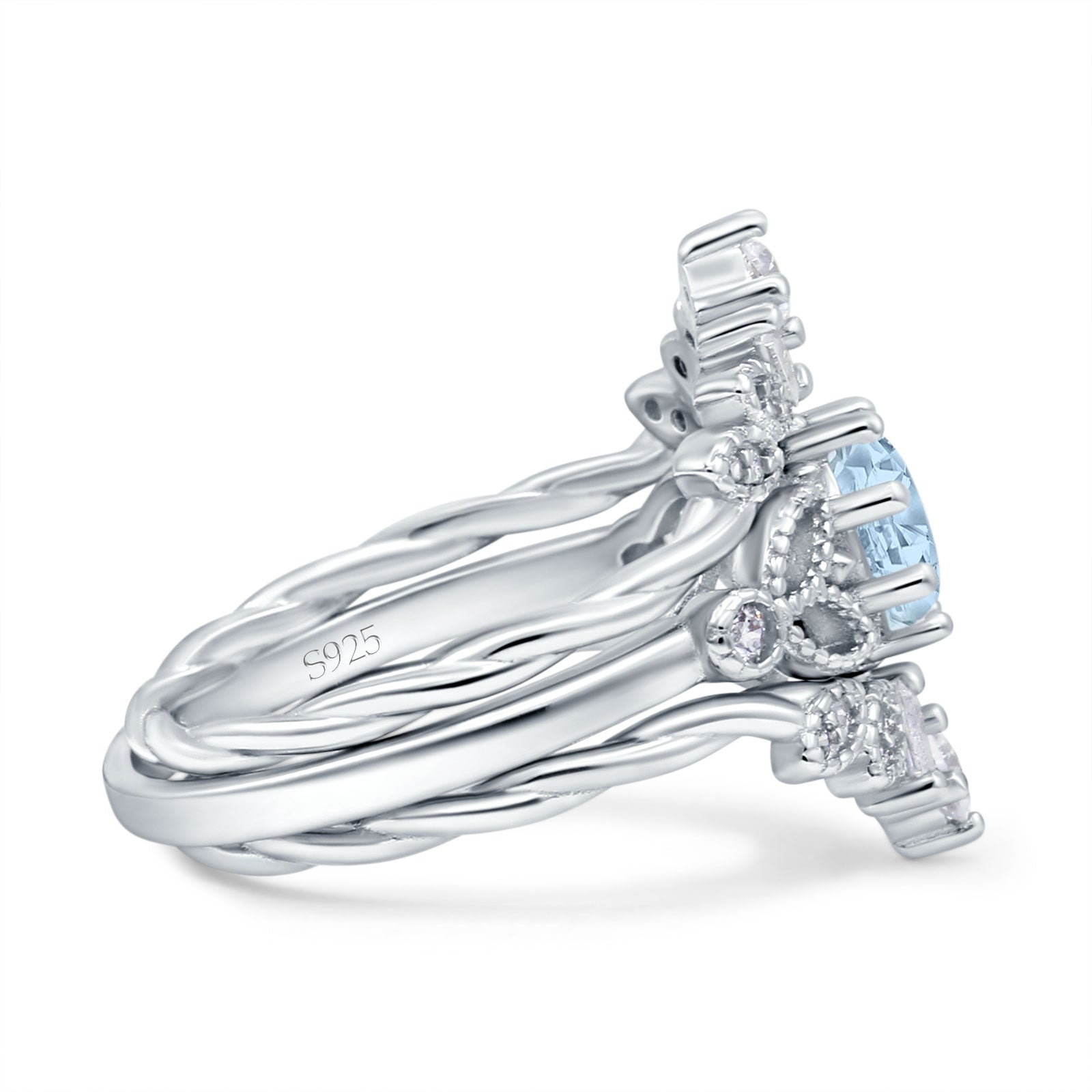 Art Deco Three Piece Wedding Bridal Set Ring Round Simulated Aquamarine CZ 925 Sterling Silver