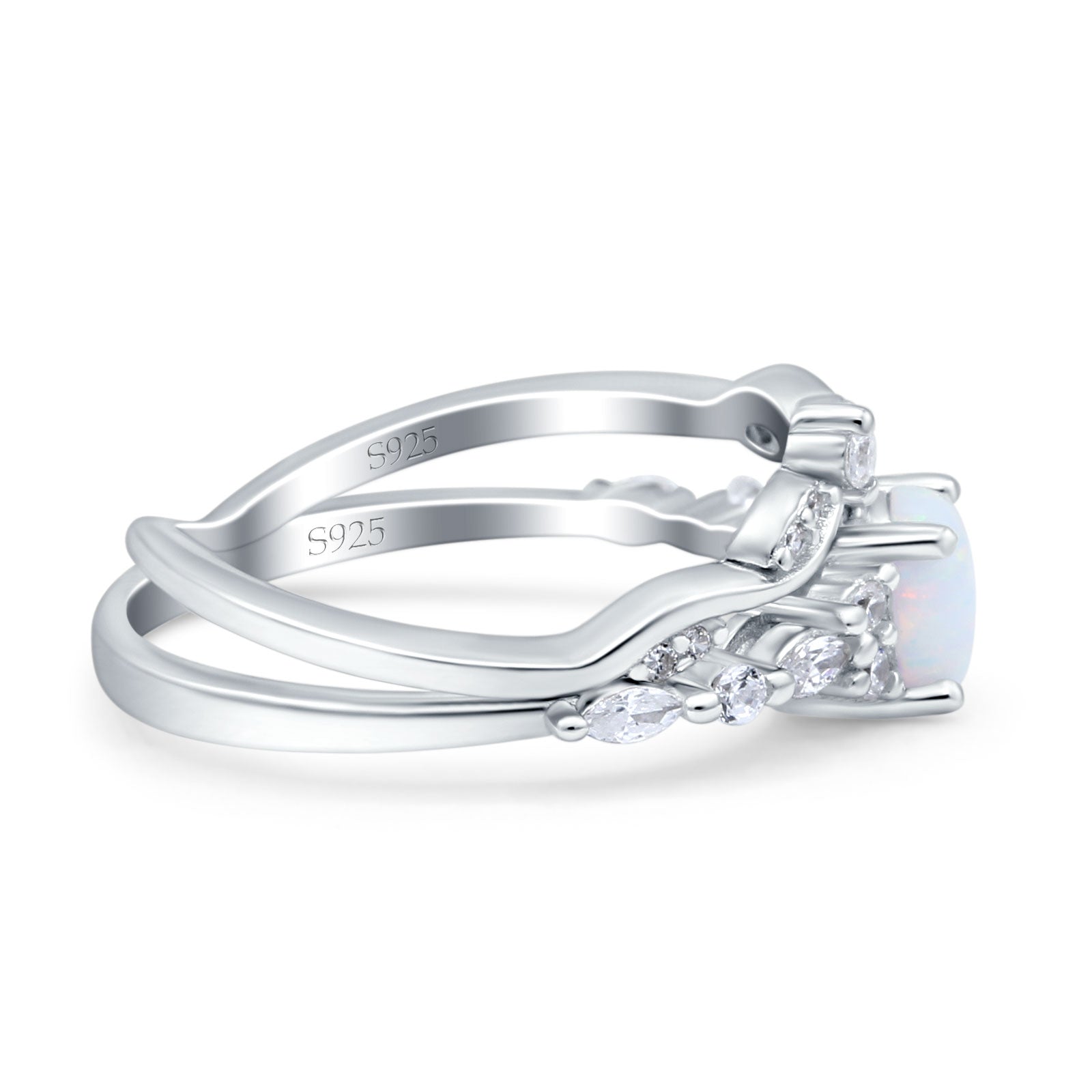 Two Piece Vintage Style Art Deco Engagement Bridal Set Ring Round Lab Created White Opal 925 Sterling Silver