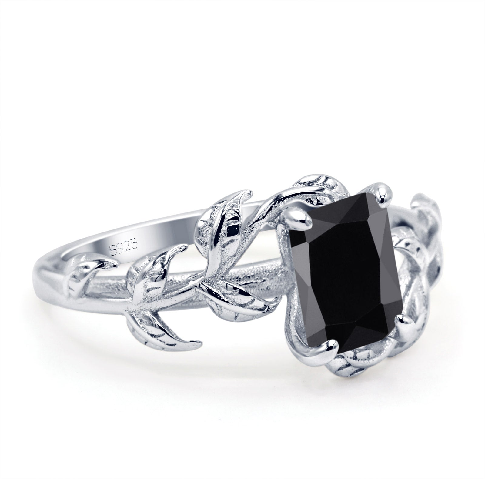 Art Deco Engagement Ring Natural Leaf Design Emerald Cut Simulated Black 925 Sterling Silver Wholesale