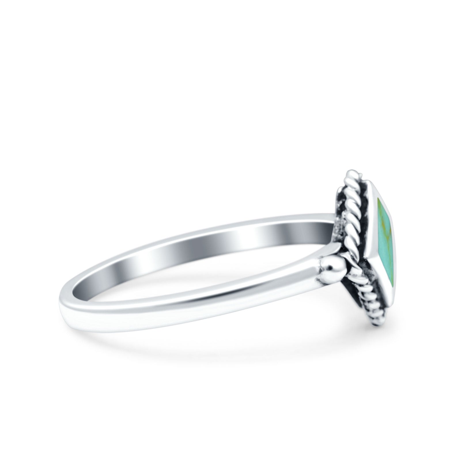 Square Vintage Style Petite Dainty Simulated Turquoise Ring Solid Oxidized 925 Sterling Silver