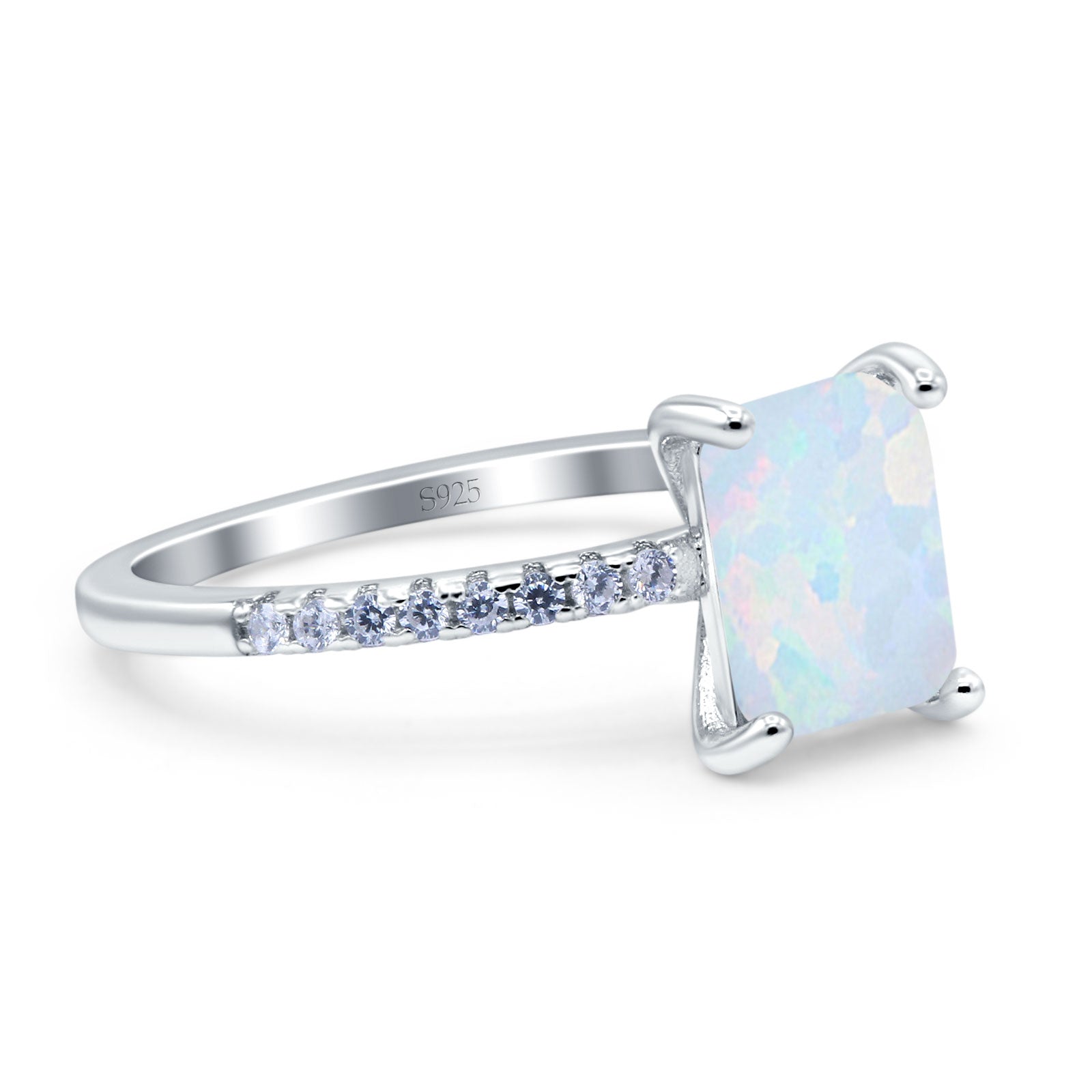 Emerald Cut Art Deco Wedding Ring Lab Created White Opal 925 Sterling Silver