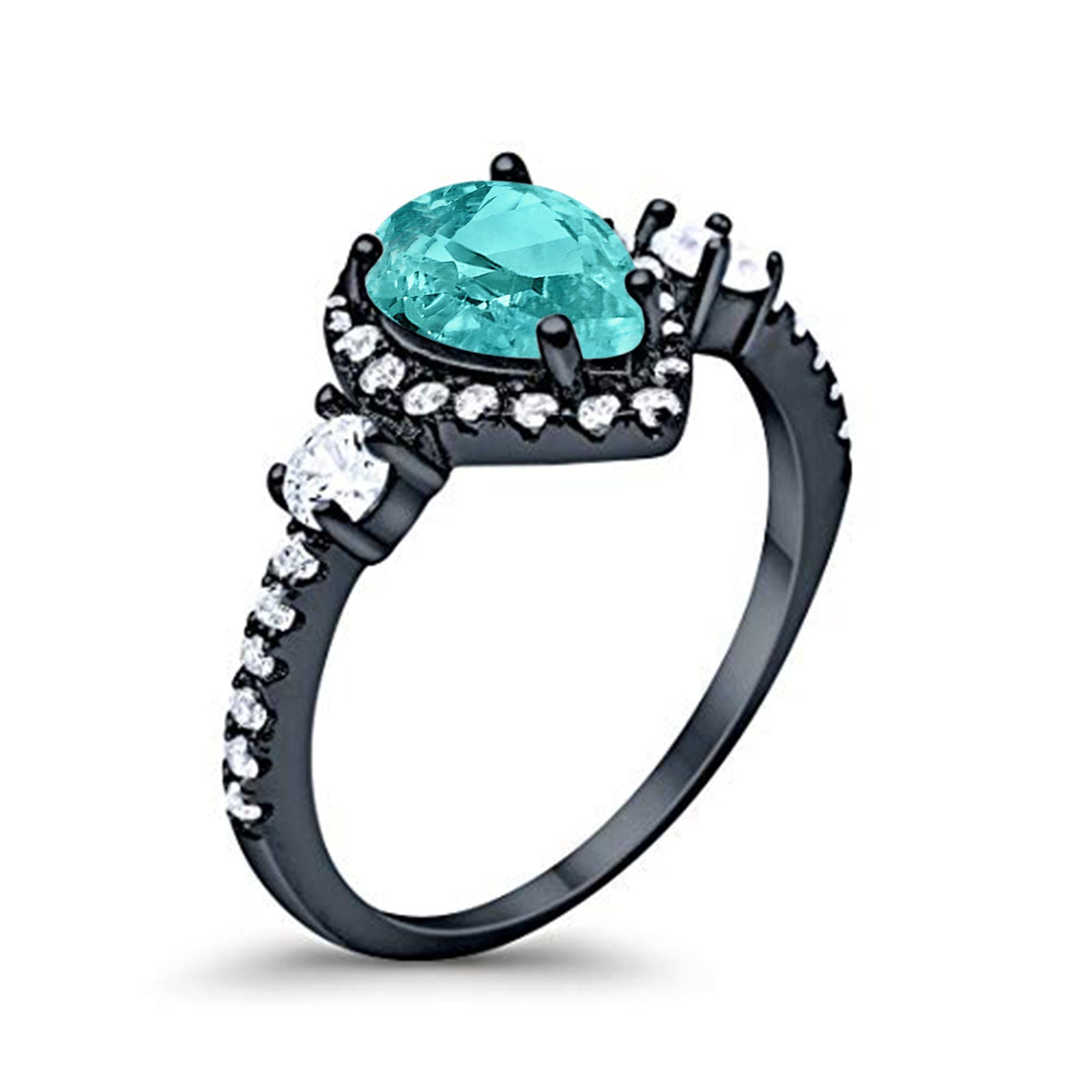 Three Stone Halo Teardrop Pear Fashion Ring Black Tone, Simulated Paraiba Tourmaline CZ 925 Sterling Silver