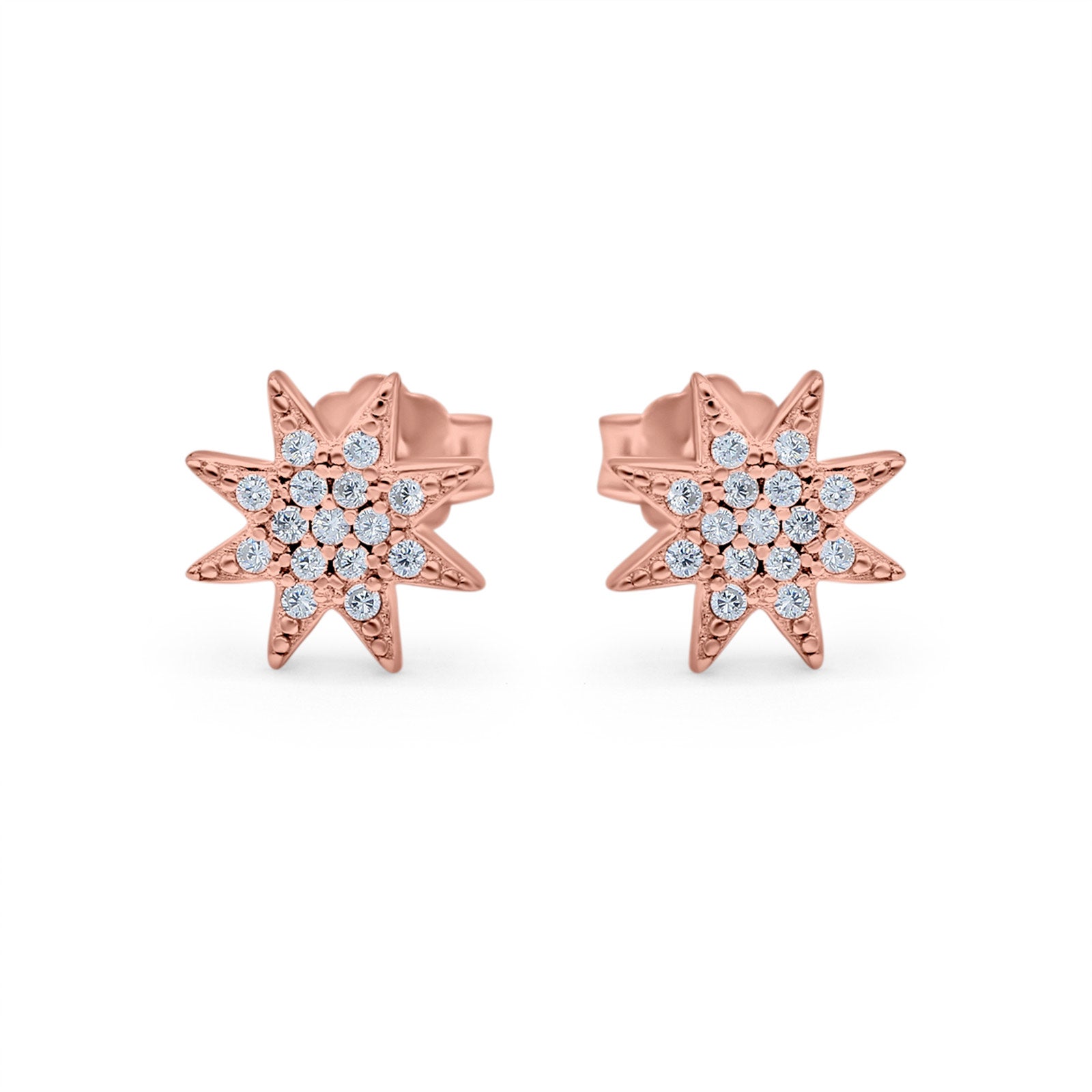 Starburst Stud Earrings Round Rose Tone, Simulated CZ 925 Sterling Silver
