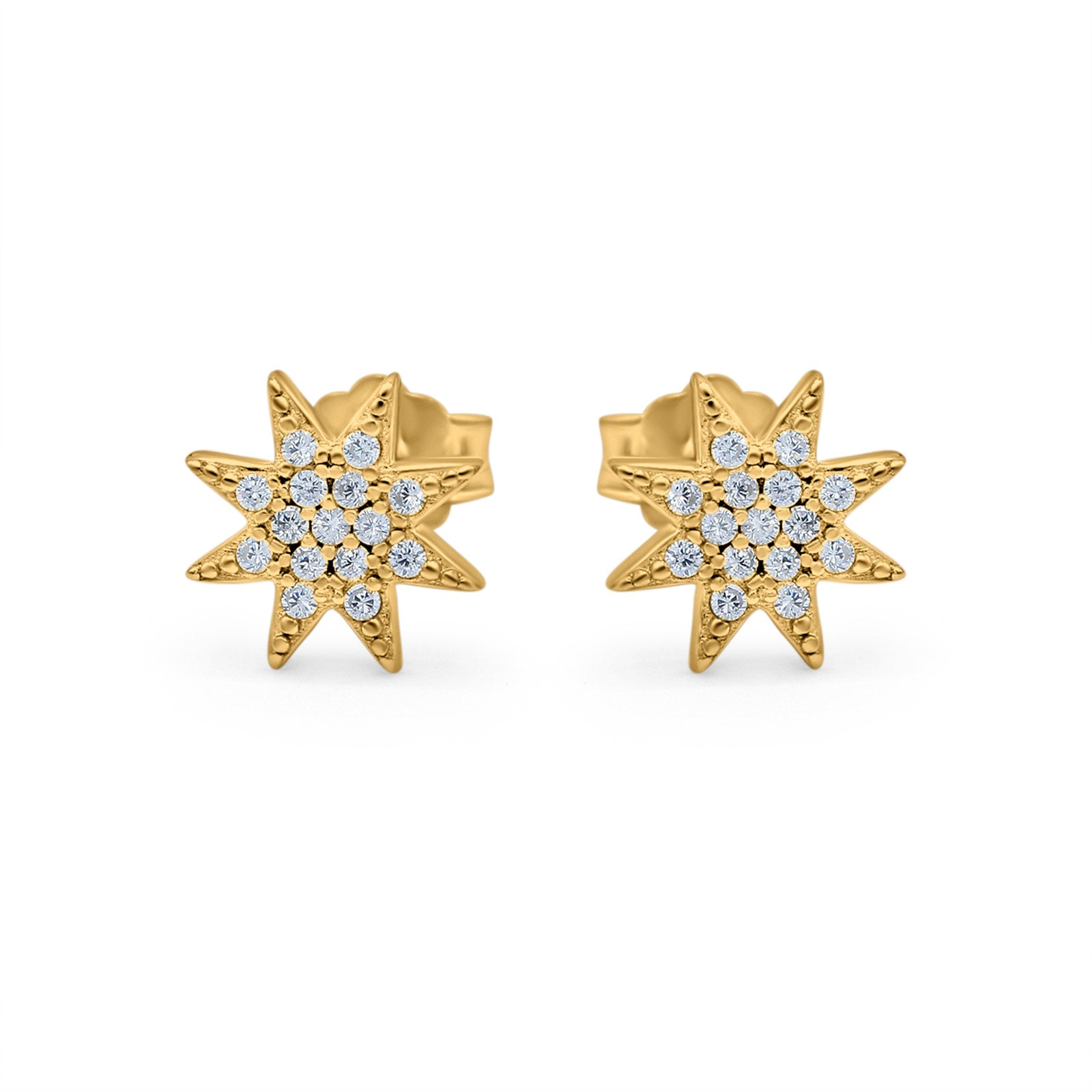 Starburst Stud Earrings Round Yellow Tone, Simulated CZ 925 Sterling Silver