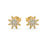 Starburst Stud Earrings Round Yellow Tone, Simulated CZ 925 Sterling Silver