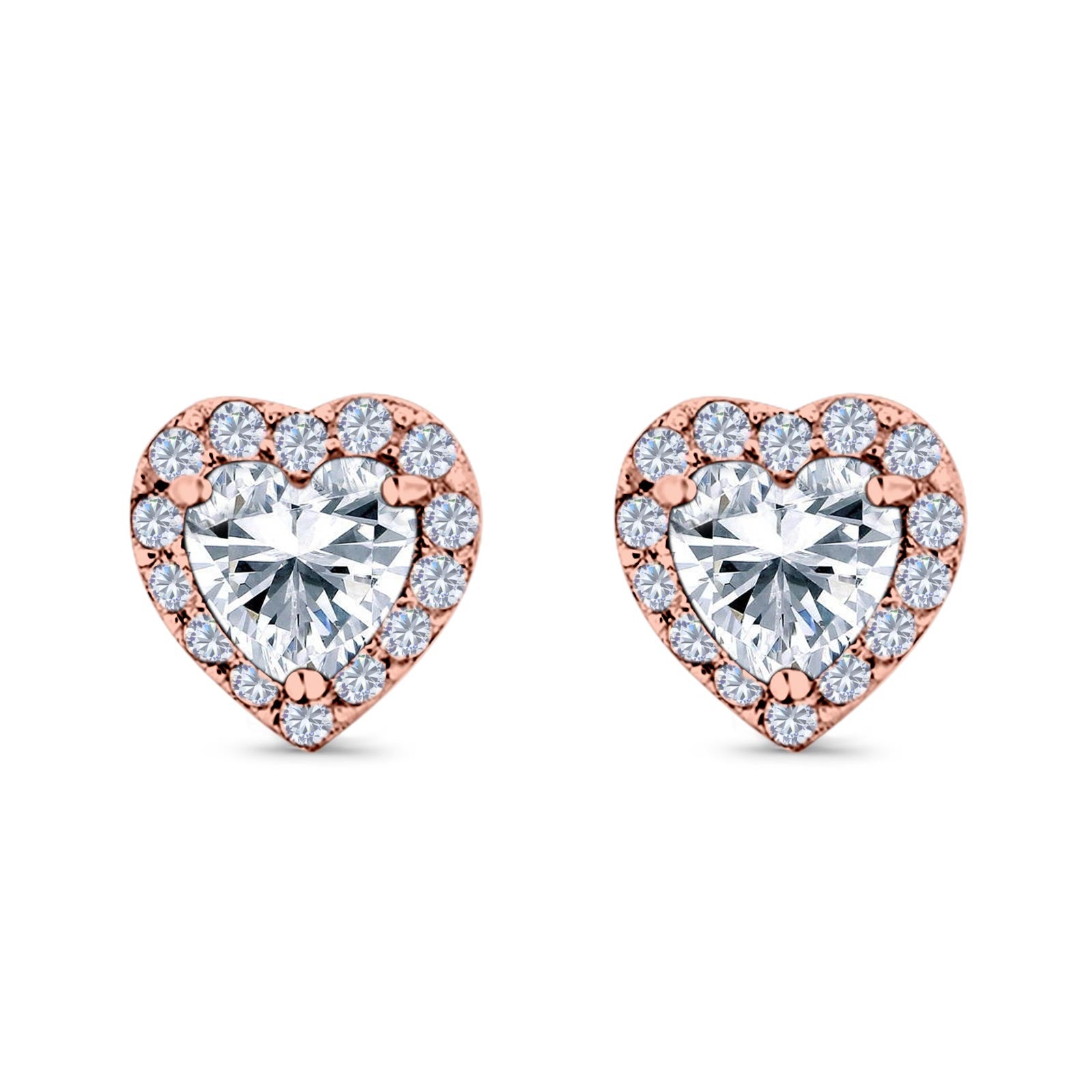 14K Rose Gold Heart Shape Wedding Stud Earrings Simulated Cubic Zirconia (10mm)