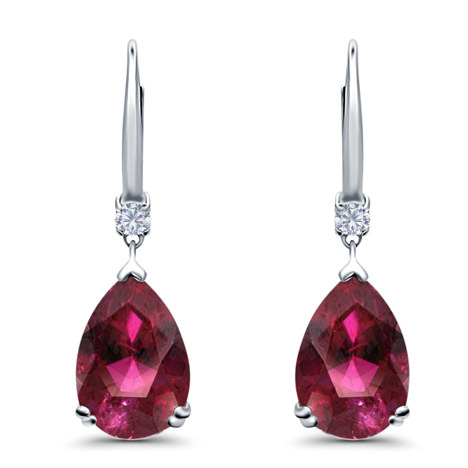 Pear Shape Dangling Leverback Earrings Wedding Simulated Ruby CZ 925 Sterling Silver (22mm)