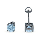 Solitaire Stud Earring Brilliant Round Simulated Aquamarine Black Tone 925 Sterling Silver
