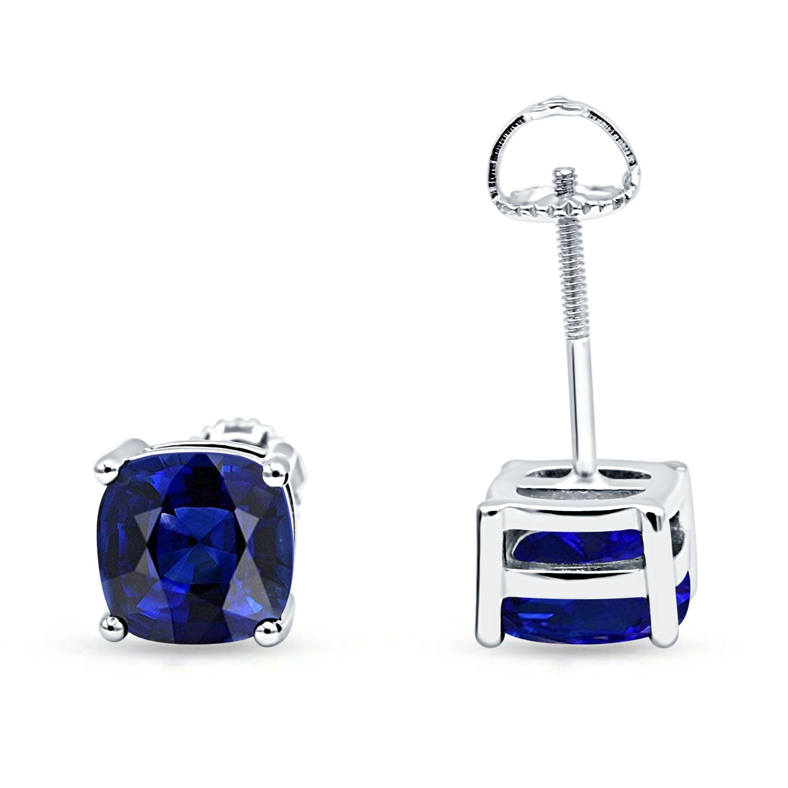 Solitaire Screw Back Stud Earring Excellent Cushion Cut Simulated Blue Sapphire CZ Solid 925 Sterling Silver