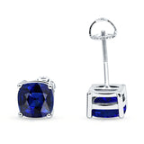 Solitaire Screw Back Stud Earring Excellent Cushion Cut Simulated Blue Sapphire CZ Solid 925 Sterling Silver