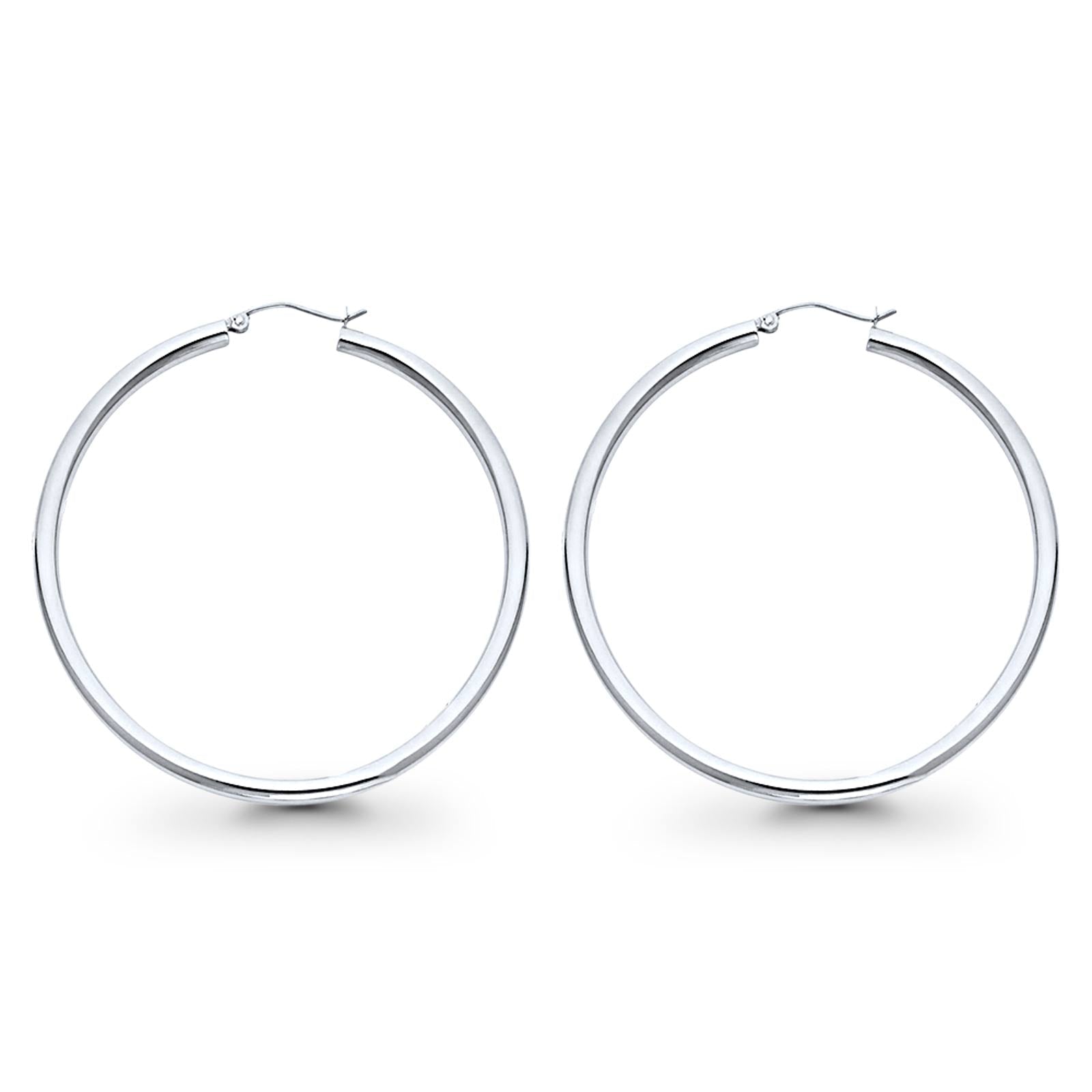 White Gold 14K 3mm Plain Snap Closure Hoop Earrings Wholesale