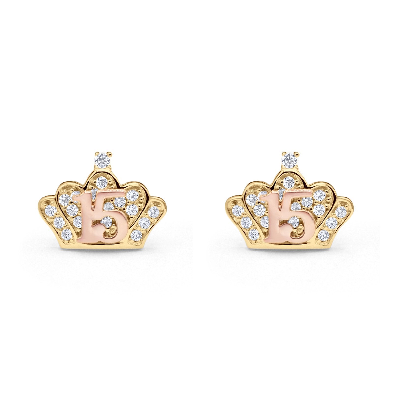 14K Two Tone Gold Solid Micropave Crown Post Tiny Studs Earring Best 15th Birthday Or Anniversary Gift