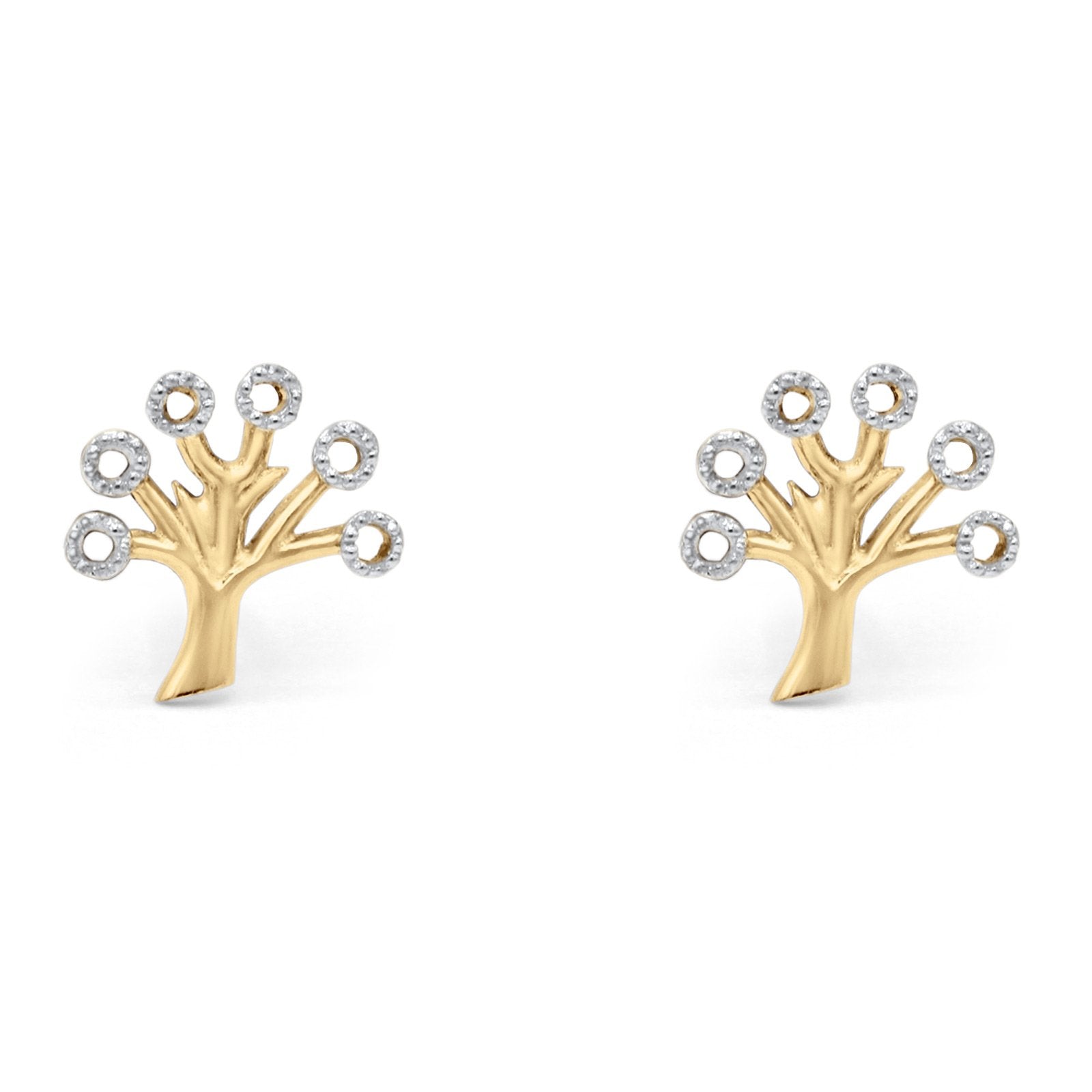 14K Gold Two Tone Solid Tree Tiny Studs Earring for Women and Girls