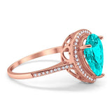 Halo Teardrop Pear Rose Tone, Simulated Paraiba Tourmaline CZ Ring 925 Sterling Silver