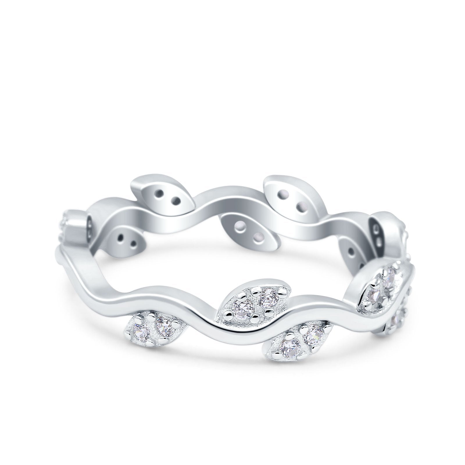 Leaf Eternity Ring Engagement Band Round Pave Simulated CZ 925 Sterling Silver (5mm)