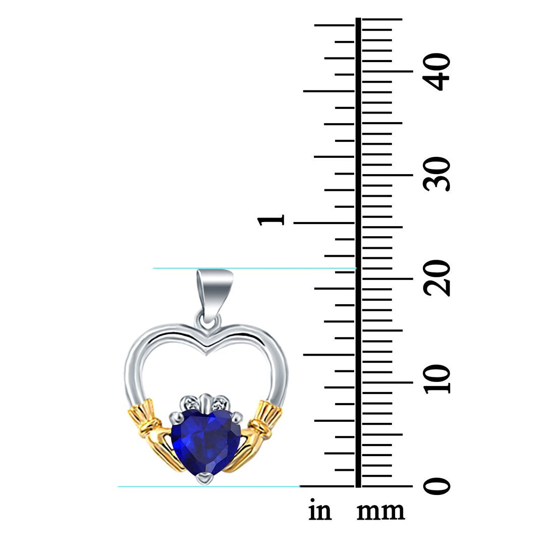 Claddagh Charm Heart Pendant Simulated Blue Sapphire CZ 925 Sterling Silver (21mm)