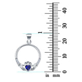 Heart Claddagh Charm Pendant Simulated Blue Sapphire CZ 925 Sterling Silver (21mm)