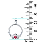 Heart Claddagh Charm Pendant Simulated Ruby CZ 925 Sterling Silver (21mm)