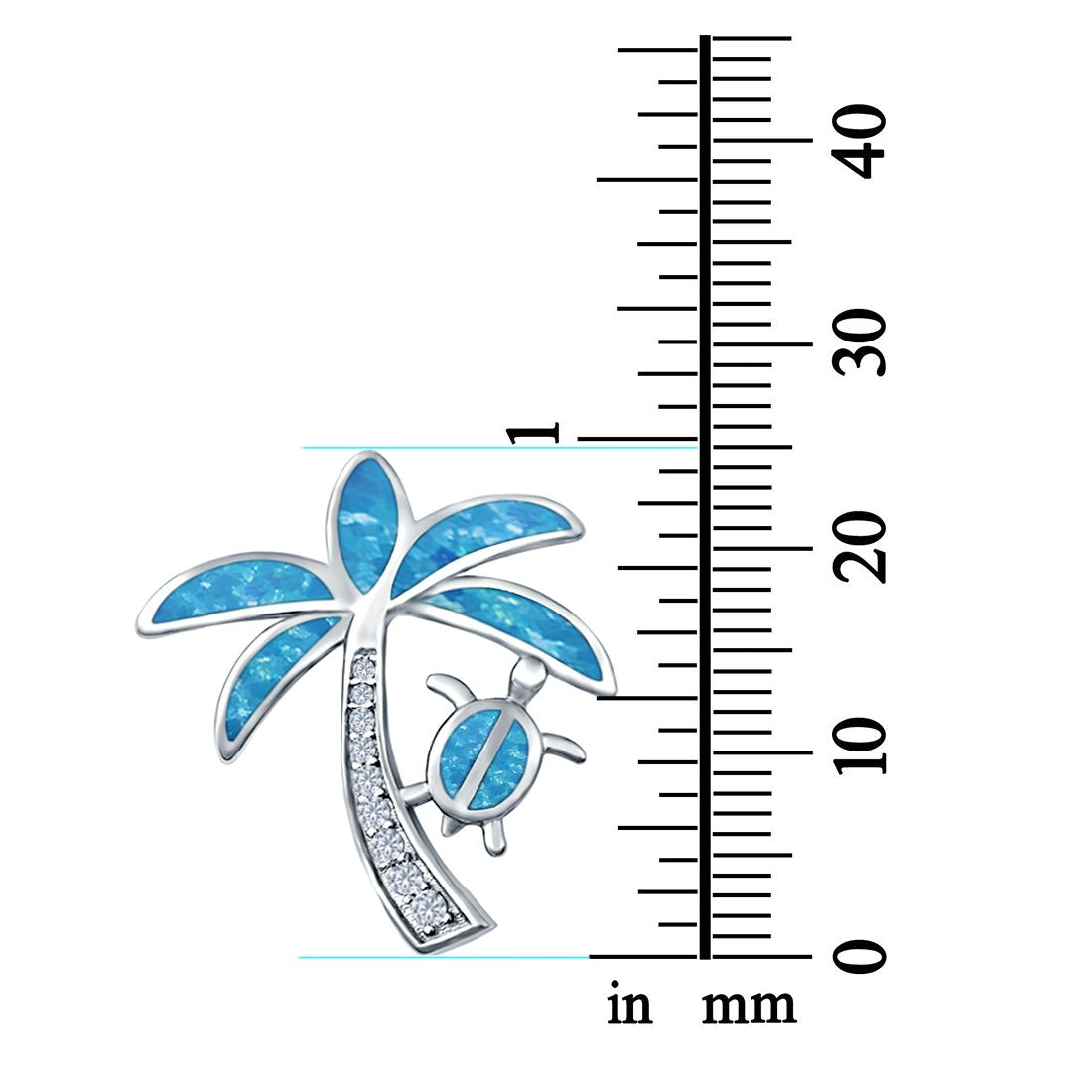 Palm Tree & Turtle Charm Pendant Lab Created Blue Opal Simulated CZ 925 Sterling Silver