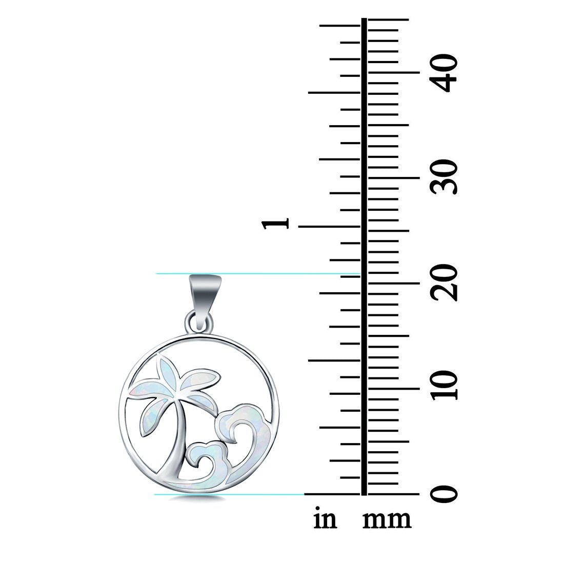 Waves and Palm Trees Lab Created White Opal Charm Pendant 925 Sterling Silver