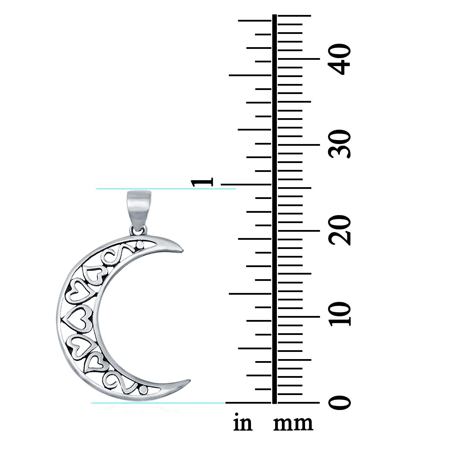 Crescent Moon & Hearts Pendant Charm 925 Sterling Silver (25mm)