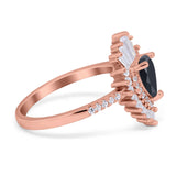 Art Deco Teardrop Pear Wedding Ring Rose Tone, Simulated Black CZ 925 Sterling Silver