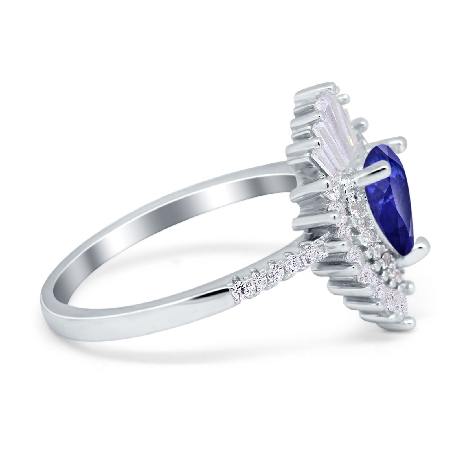 Art Deco Teardrop Pear Wedding Ring Simulated Blue Sapphire CZ 925 Sterling Silver