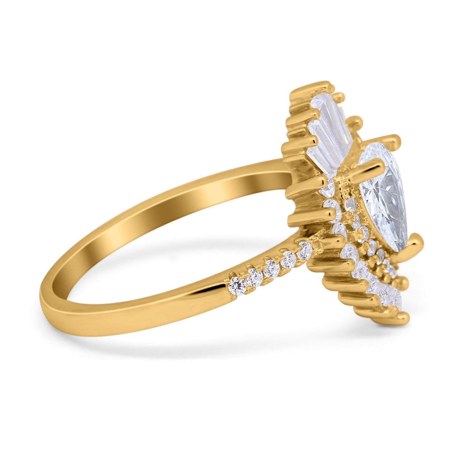 Art Deco Teardrop Pear Wedding Ring Yellow Tone, Simulated Cubic Zirconia 925 Sterling Silver