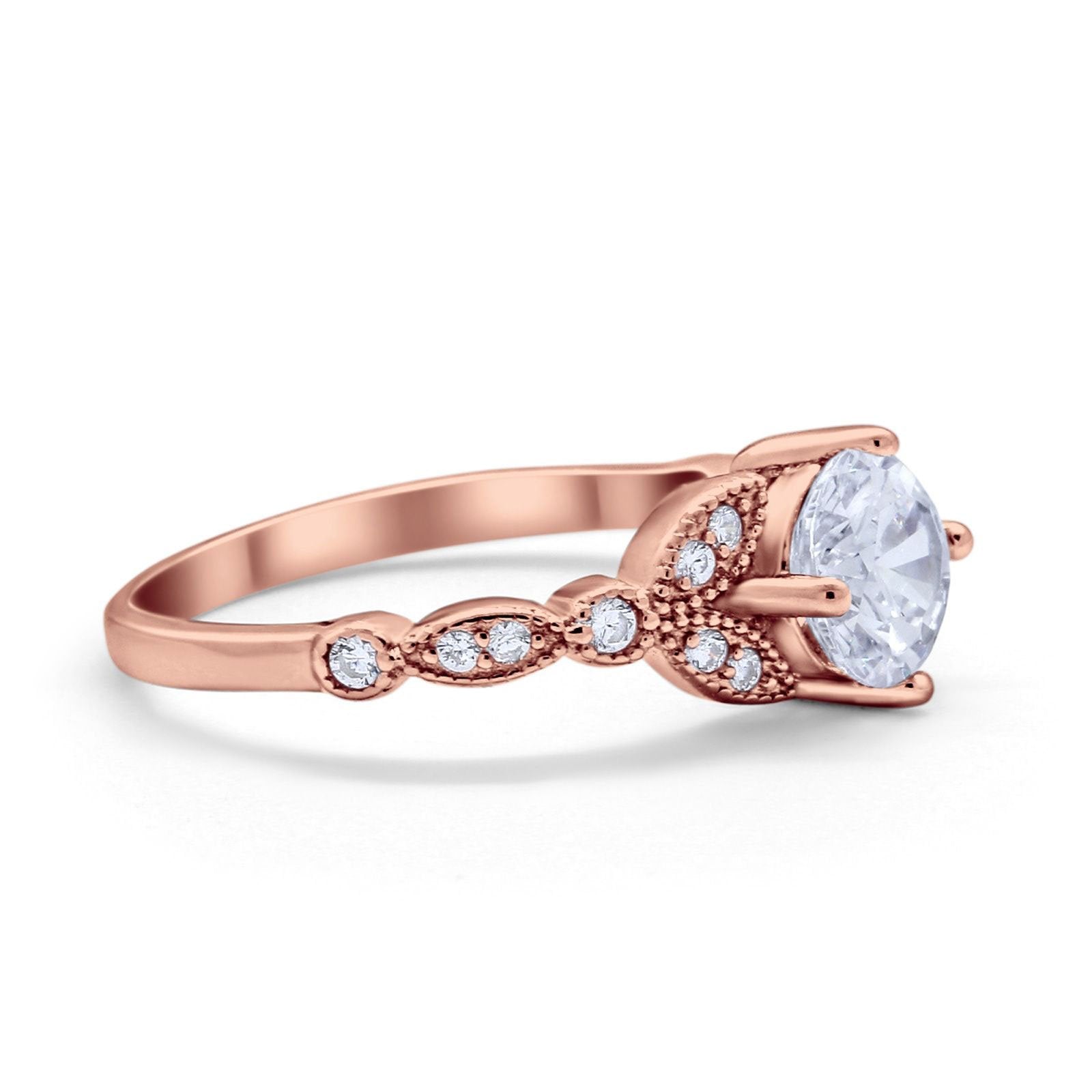 14K Rose Gold Art Deco Wedding Ring Bridal Round Simulated Cubic Zirconia