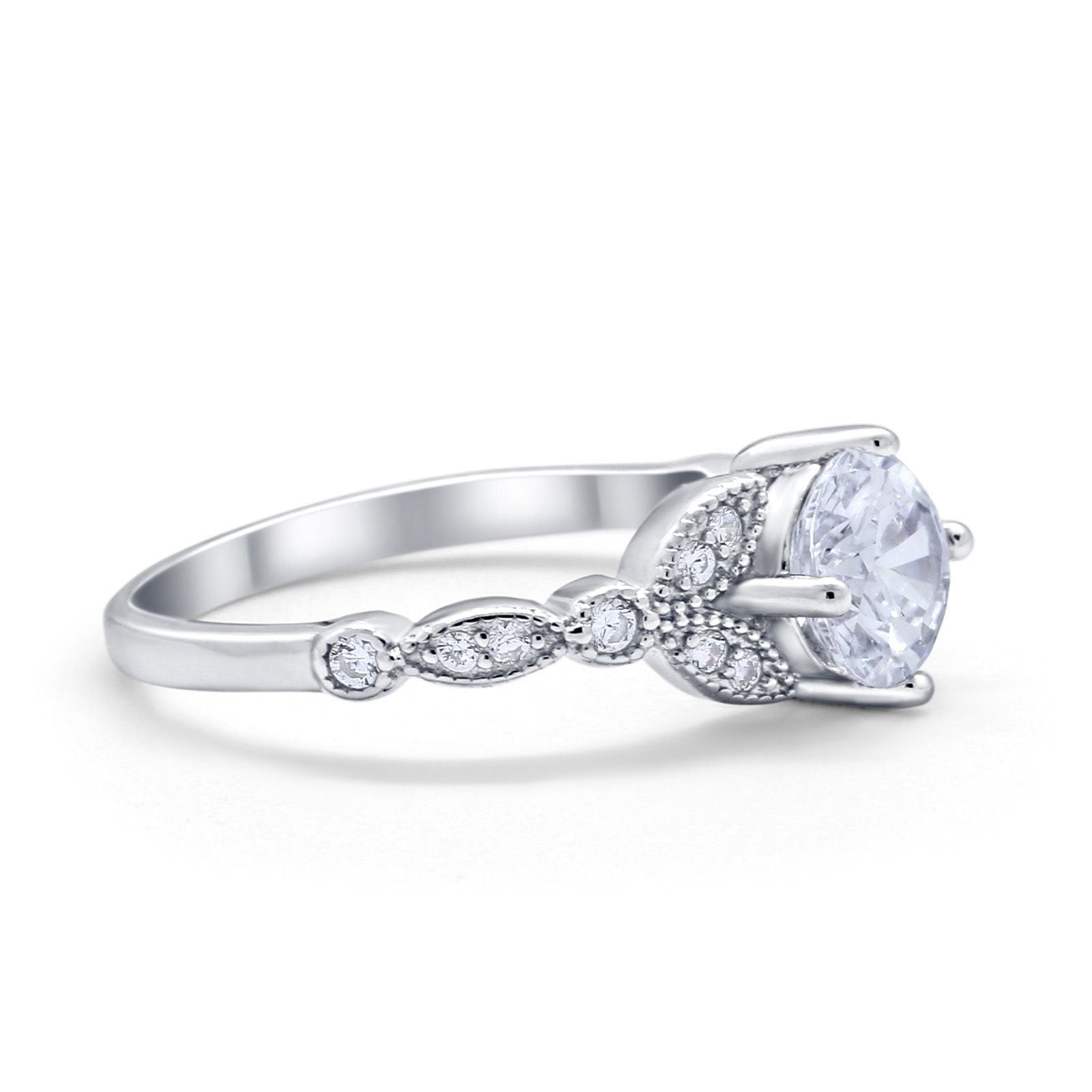 14K White Gold Art Deco Wedding Ring Bridal Round Simulated Cubic Zirconia Size-7