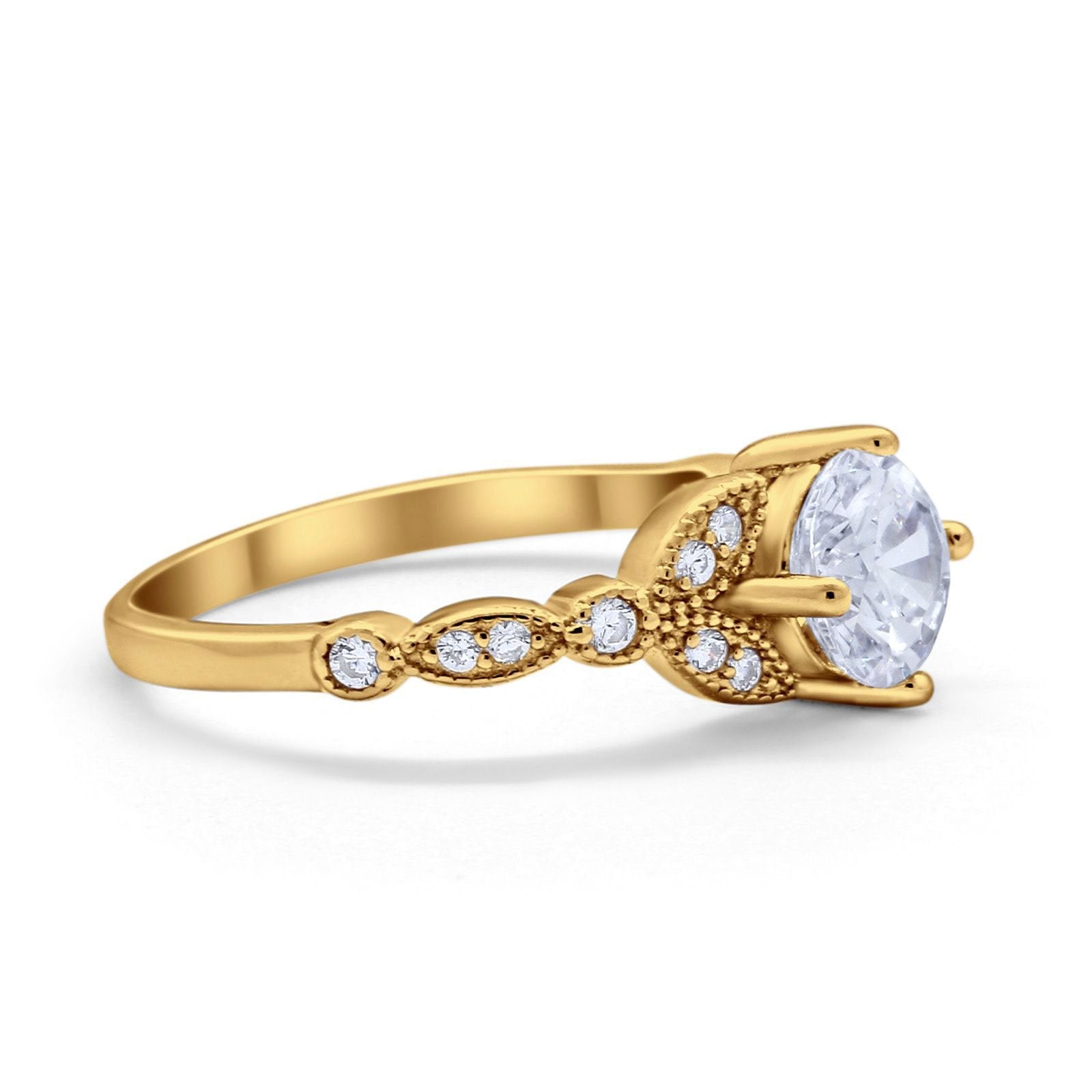 14K Yellow Gold Art Deco Wedding Ring Bridal Round Simulated Cubic Zirconia Size-7