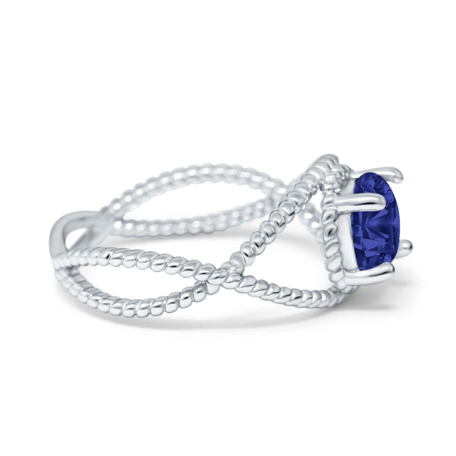 Braided Cable Split Engagement Ring Simulated Blue Sapphire CZ 925 Sterling Silver