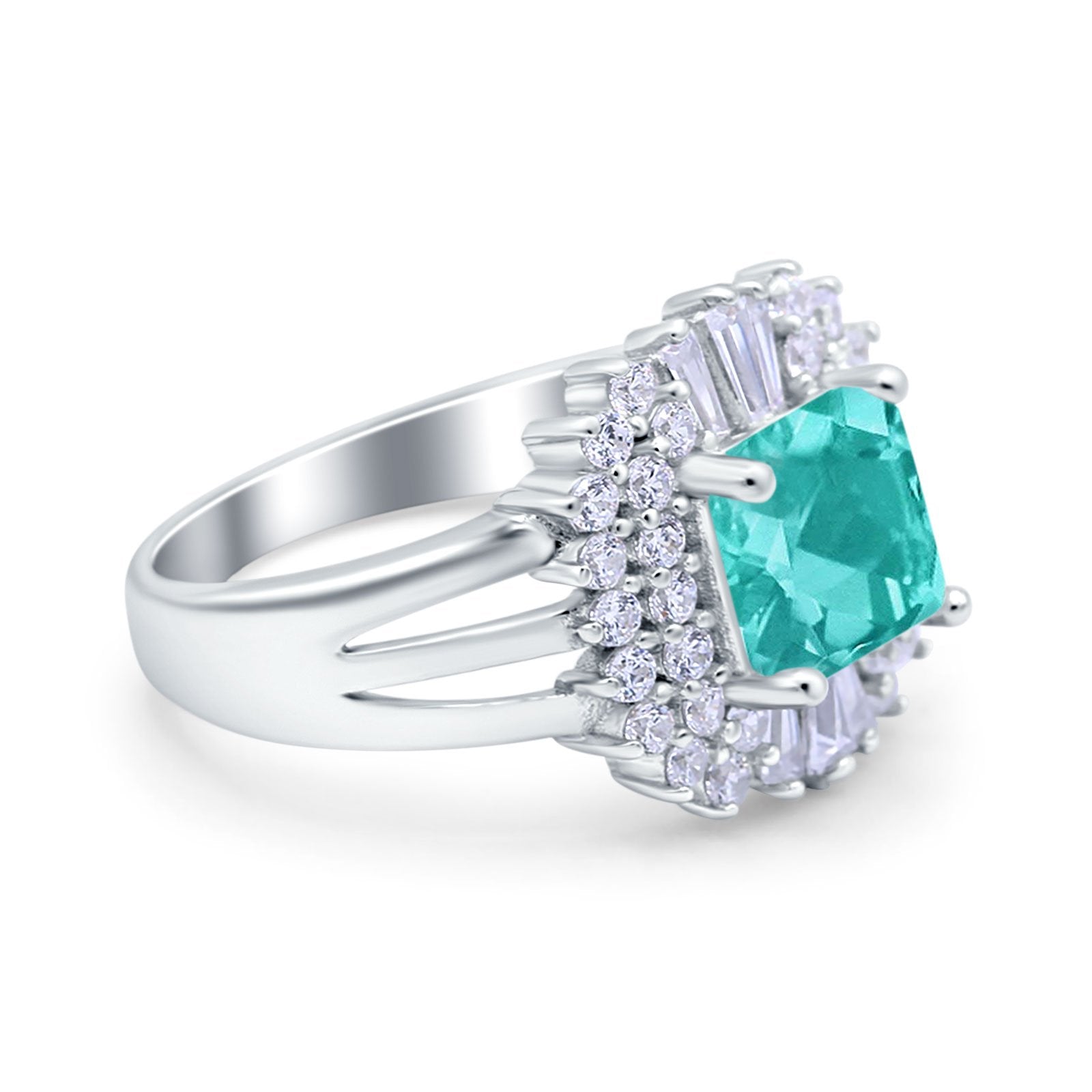 Cushion Cut Art Deco Wedding Ring Simulated Paraiba Tourmaline CZ 925 Sterling Silver