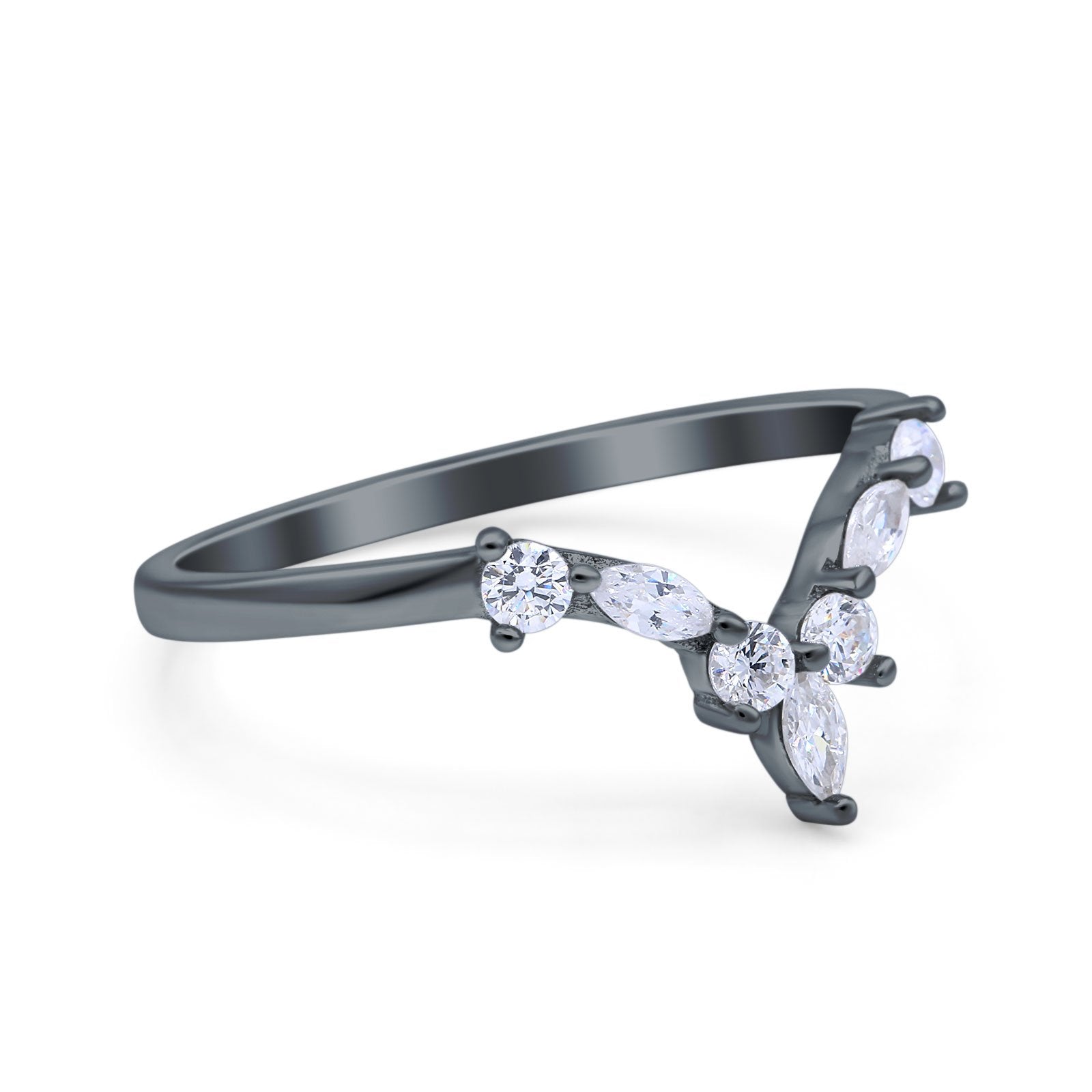Curved Marquise Engagement Half Eternity Ring Black Tone, Simulated CZ 925 Sterling Silver