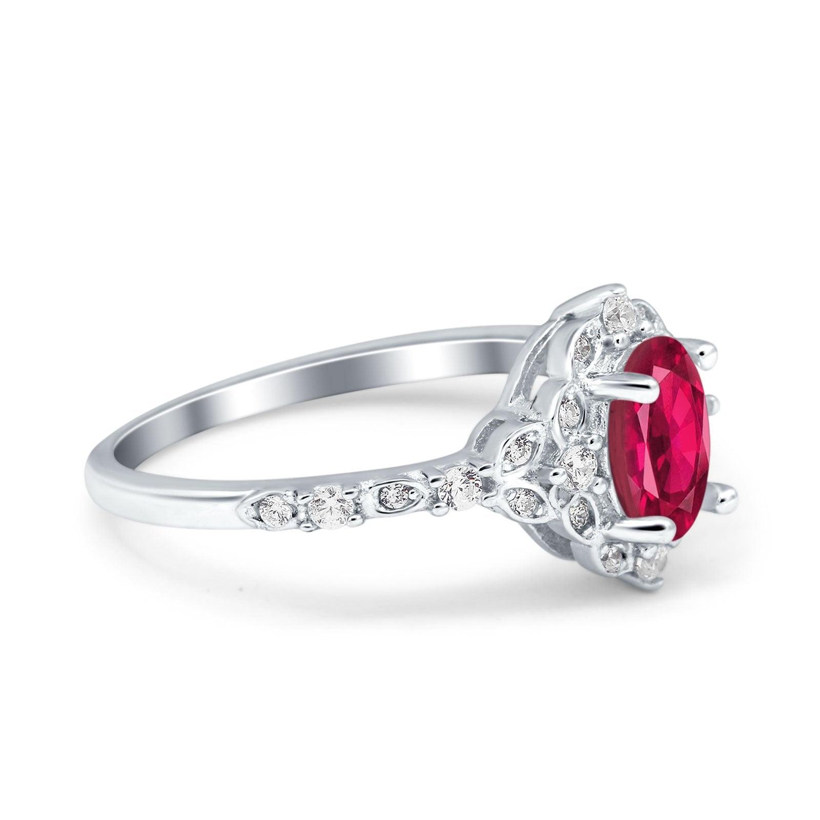 Oval Engagement Ring Accent Vintage Simulated Ruby CZ 925 Sterling Silver