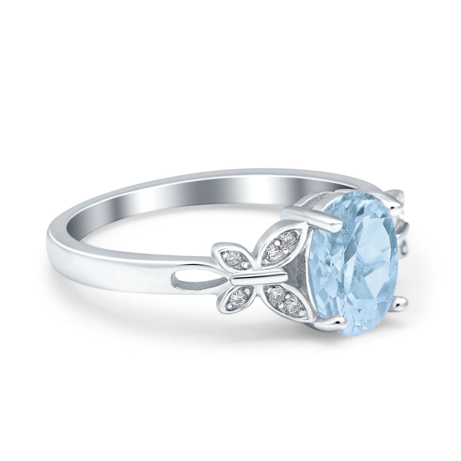 Butterfly Accent Oval Wedding Bridal Ring Simulated Aquamarine CZ 925 Sterling Silver