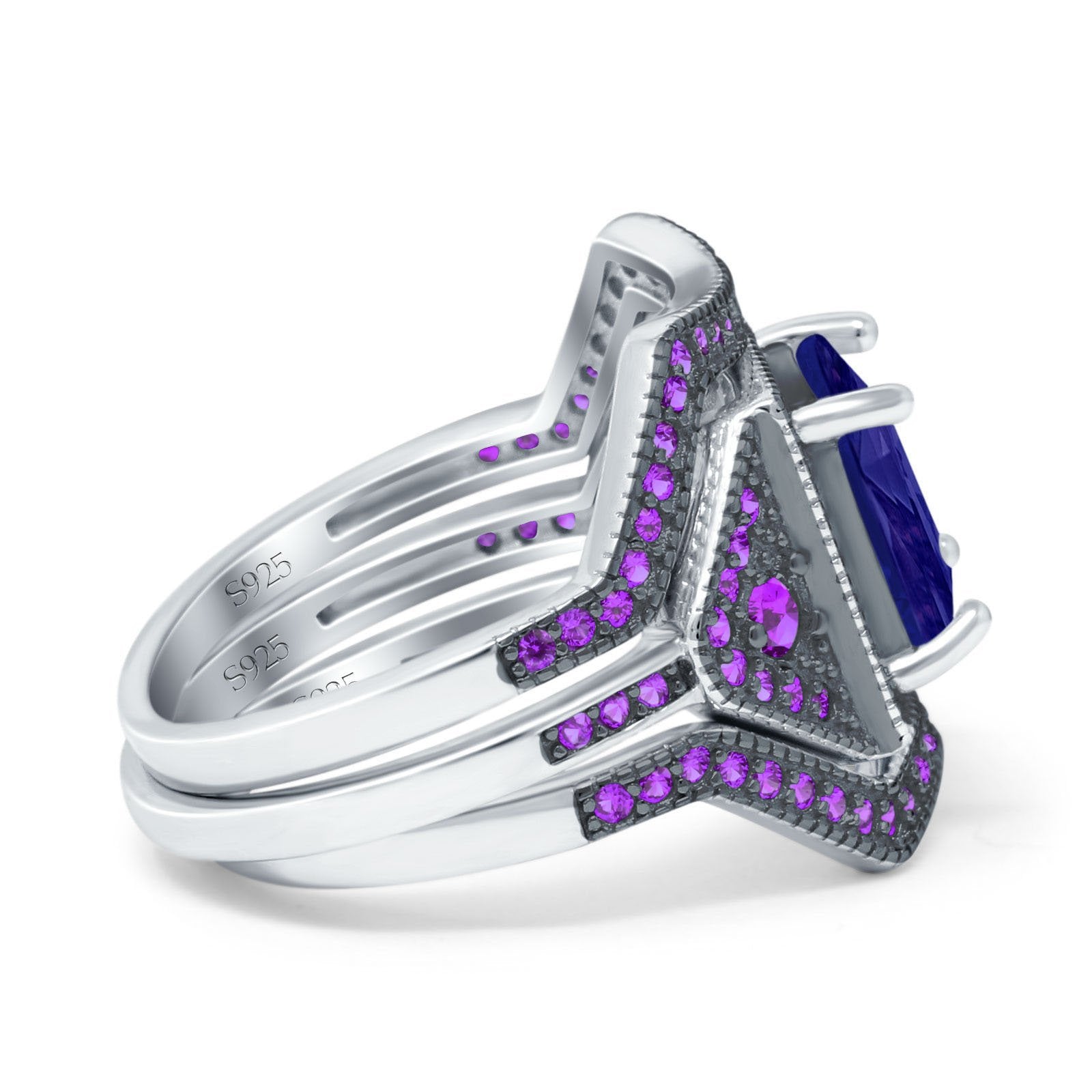 Three Piece Art Deco Princess Cut Wedding Ring Amethyst Simulated Blue Sapphire CZ 925 Sterling Silver