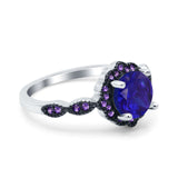 Flower Art Deco Engagement Ring Round Amethyst Simulated Blue Sapphire CZ 925 Sterling Silver