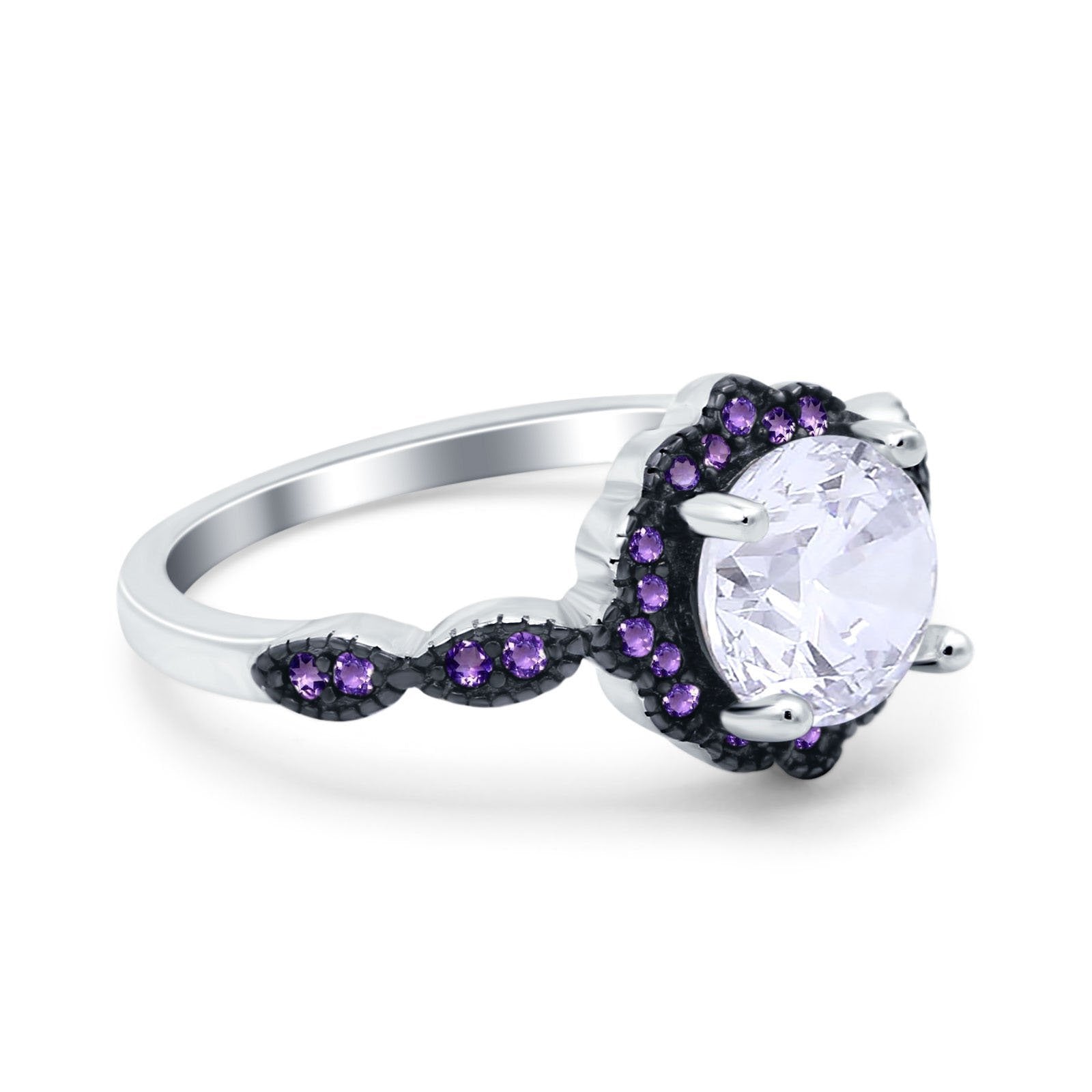 Flower Art Deco Engagement Ring Round Amethyst Simulated Cubic Zirconia 925 Sterling Silver