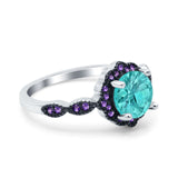 Flower Art Deco Engagement Ring Round Amethyst Simulated Paraiba Tourmaline CZ 925 Sterling Silver