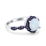 Flower Art Deco Engagement Ring Round Amethyst Lab Created White Opal 925 Sterling Silver