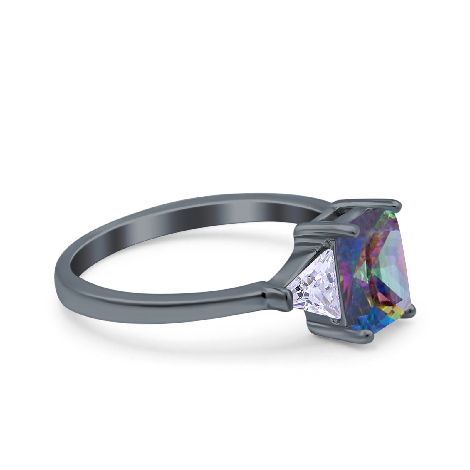 Emerald Cut Art Deco Engagement Ring Black Tone, Simulated Rainbow CZ 925 Sterling Silver