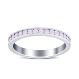 Full Eternity Stackable Band Wedding Ring Lab Created Pink Opal 925 Sterling Silver