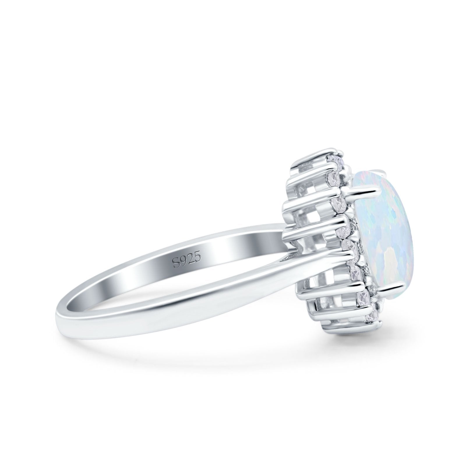 Halo Art Deco Oval Wedding Ring Lab Created White Opal 925 Sterling Silver