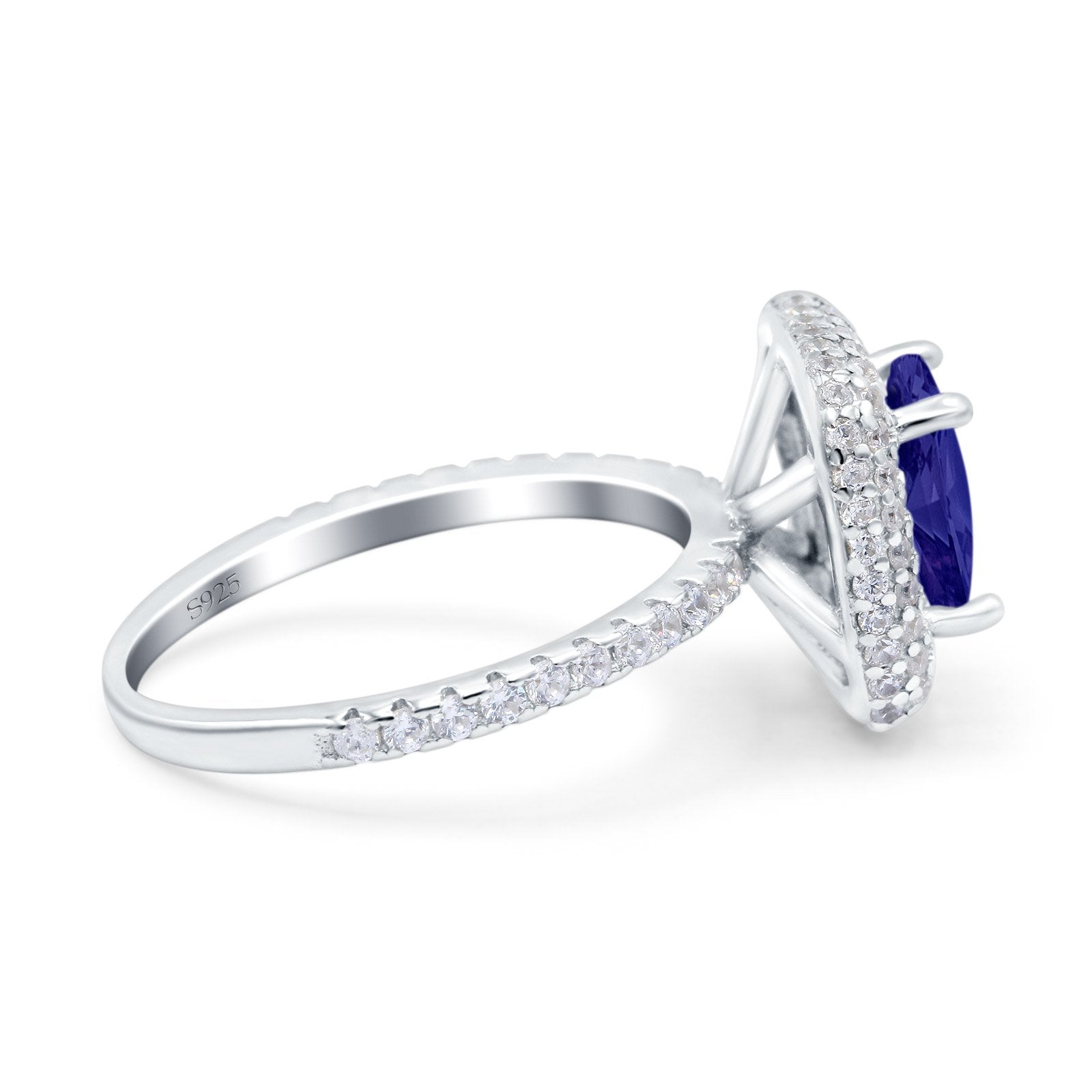 Halo Art Deco Cushion Cut Wedding Ring Simulated Blue Sapphire CZ 925 Sterling Silver