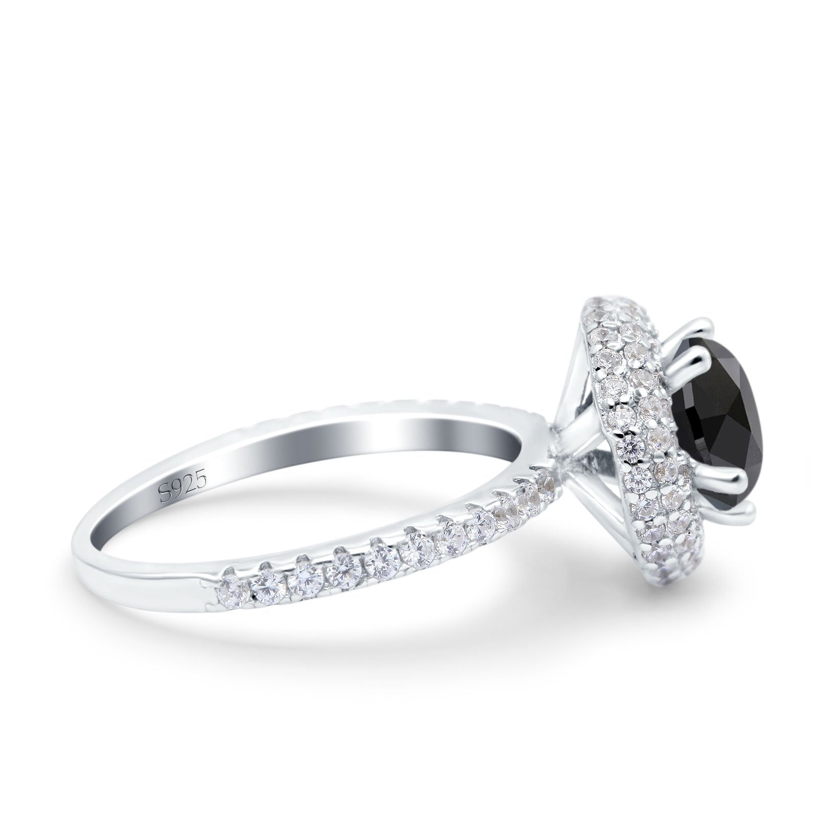 Halo Art Deco Wedding Ring Round Simulated Black CZ 925 Sterling Silver