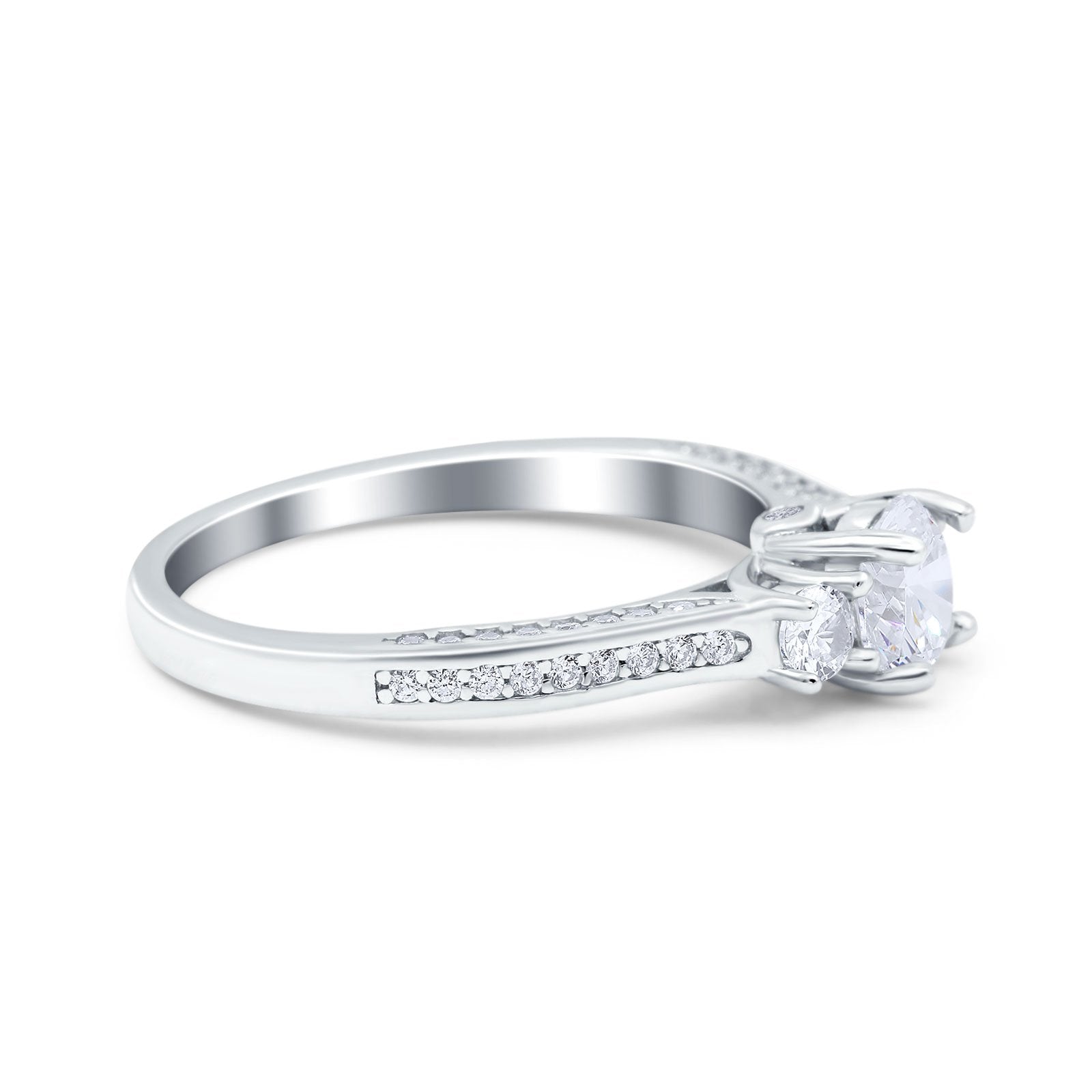 14K White Gold Three Stone Vintage Engagement Bridal Ring Round Simulated Cubic Zirconia Size-7