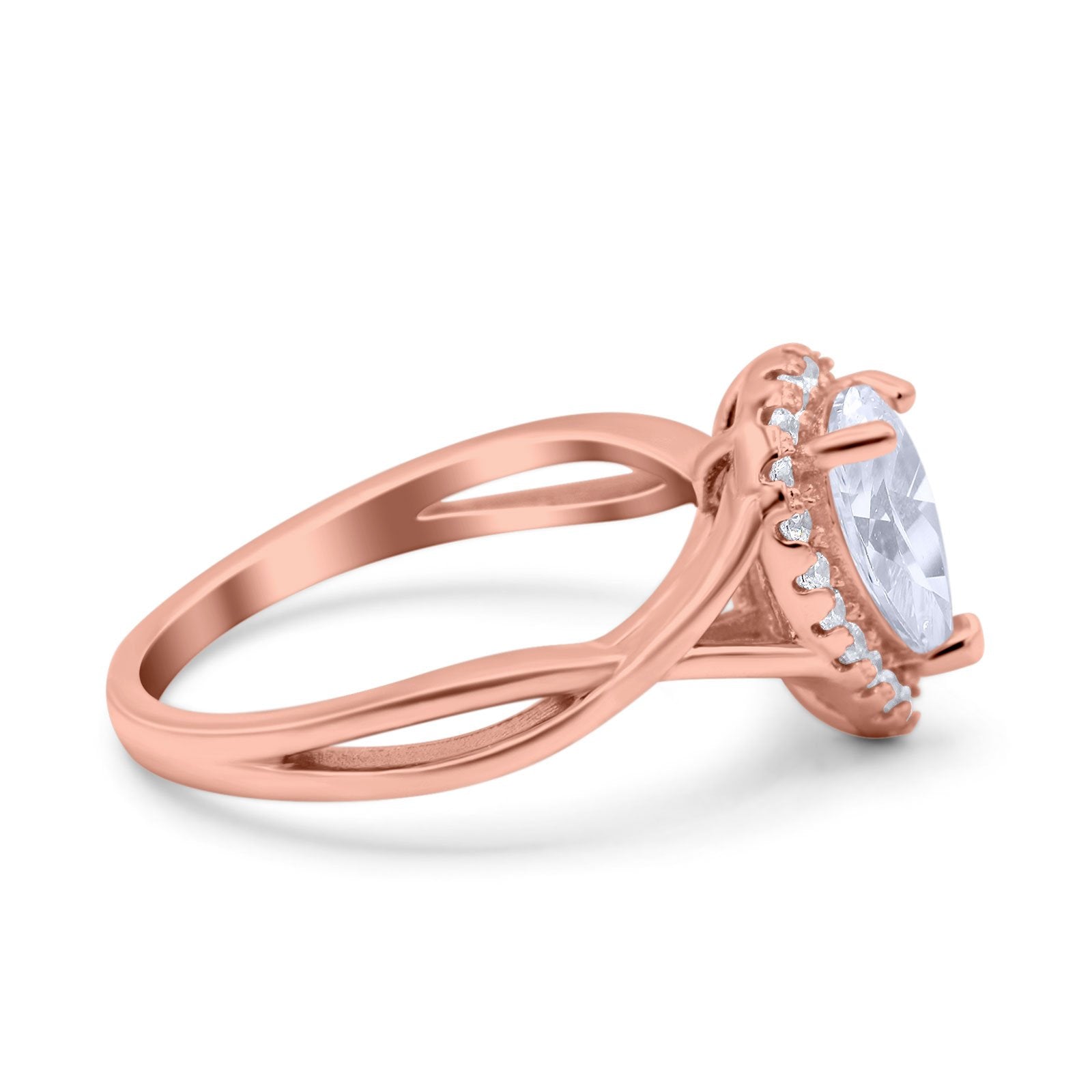14K Rose Gold Teardrop Pear Halo Twist Infinity Shank Art Deco Engagement Wedding Bridal Ring Round Simulated CZ Size-7